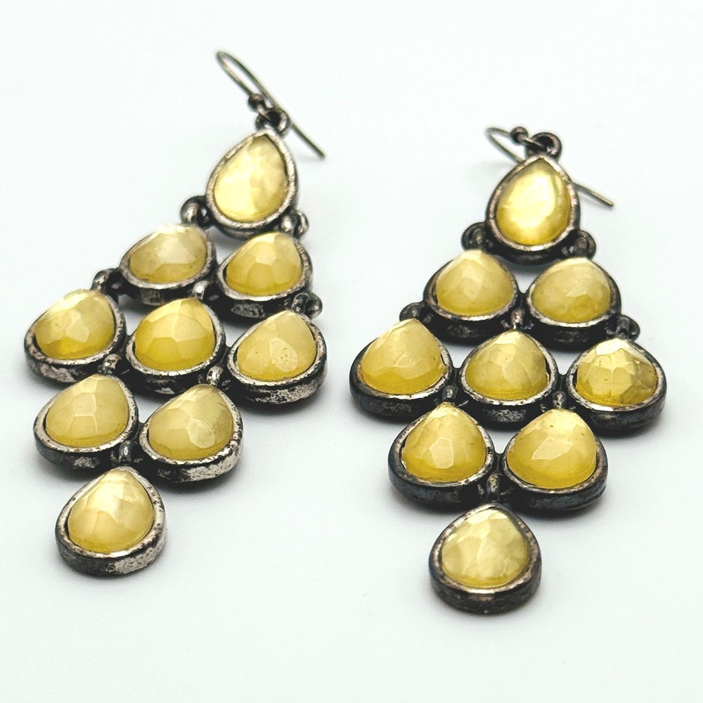 Yellow Faceted Teardrop Chandelier Earrings Antiqued Silver Tone Boho Statement